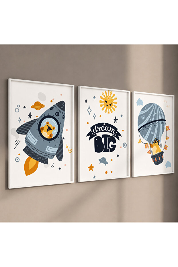 Natural Wooden Framed 3-Piece Space Adventure Children's Room Painting Set Decorative Wall Decor