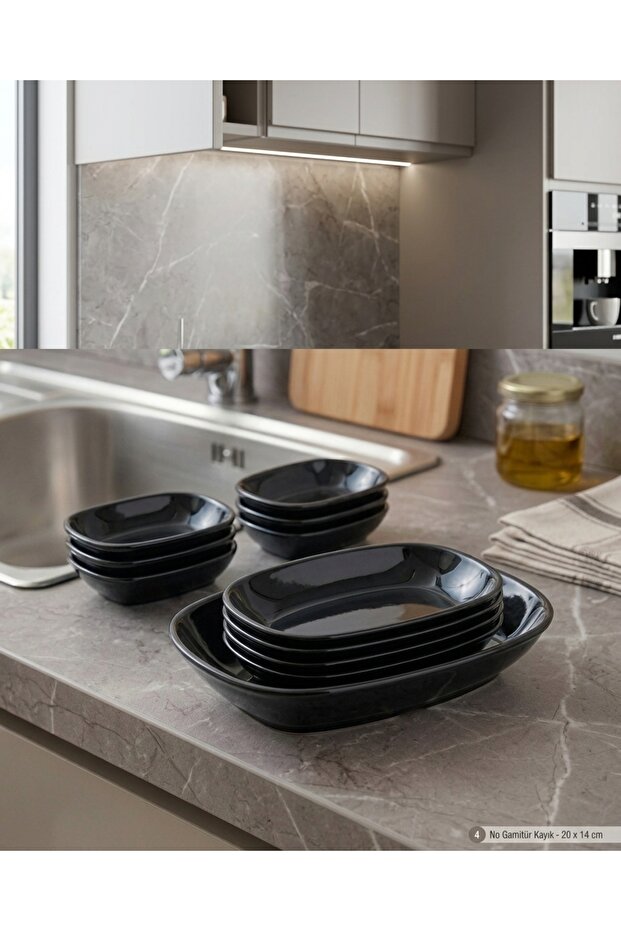 6 Pieces Black Kayık Unbreakable Melamine Kayık Plate Appetizer Plate Olive Dish (19 X 11 cm)