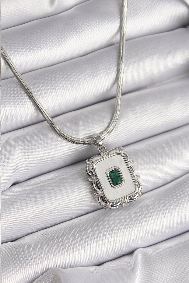 316L Steel Silver Color Italian Chain White Pearlescent Square Portrait Model Emerald Stone Detail Women's Necklace