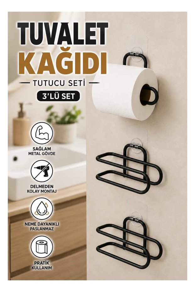 Black Adhesive Roll Paper Holder – Wall Mounted Set of 3