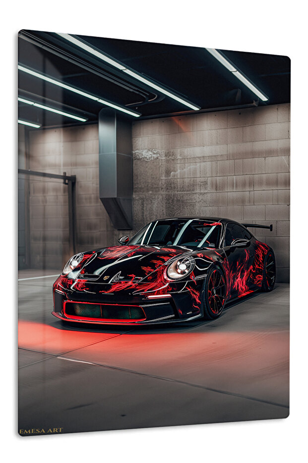 Black Red Porsche Race Car Metal Wall Art