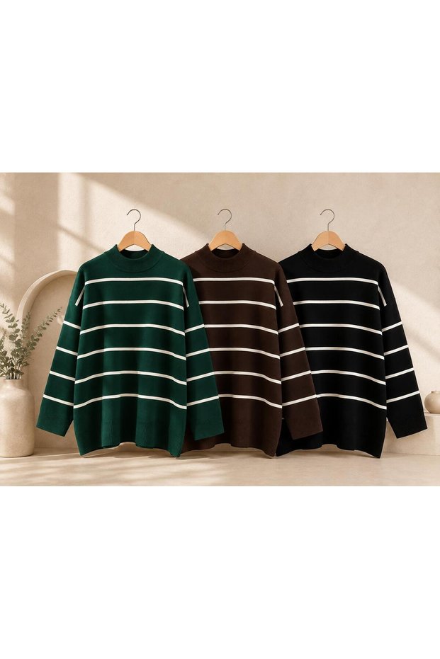 Women's Oversize Striped Knitwear Sweater High Neck Loose Fit Long Sleeve Modern Winter Sweater