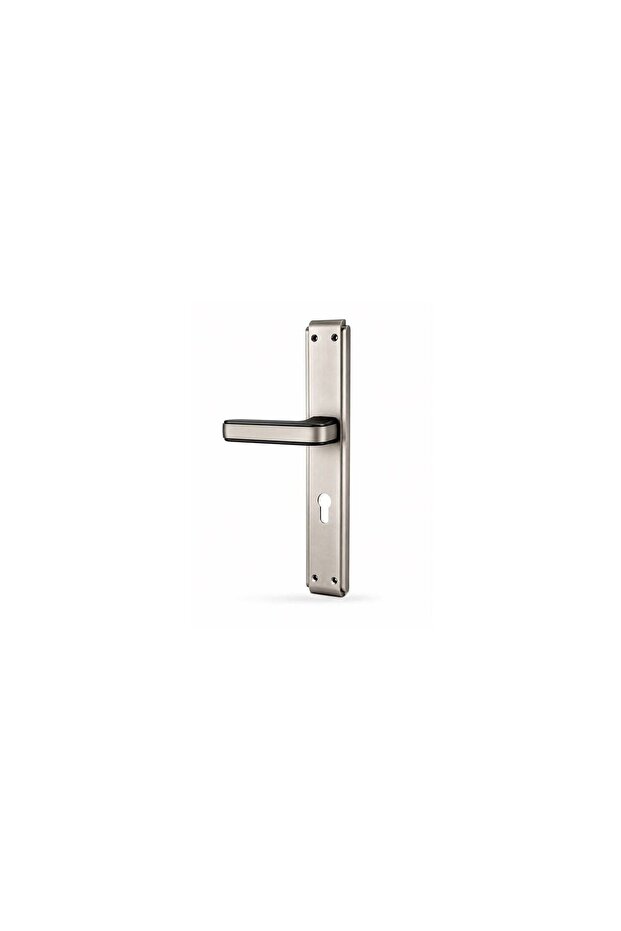 Long door handle set with modern design in matte silver with black frame and installation accessories