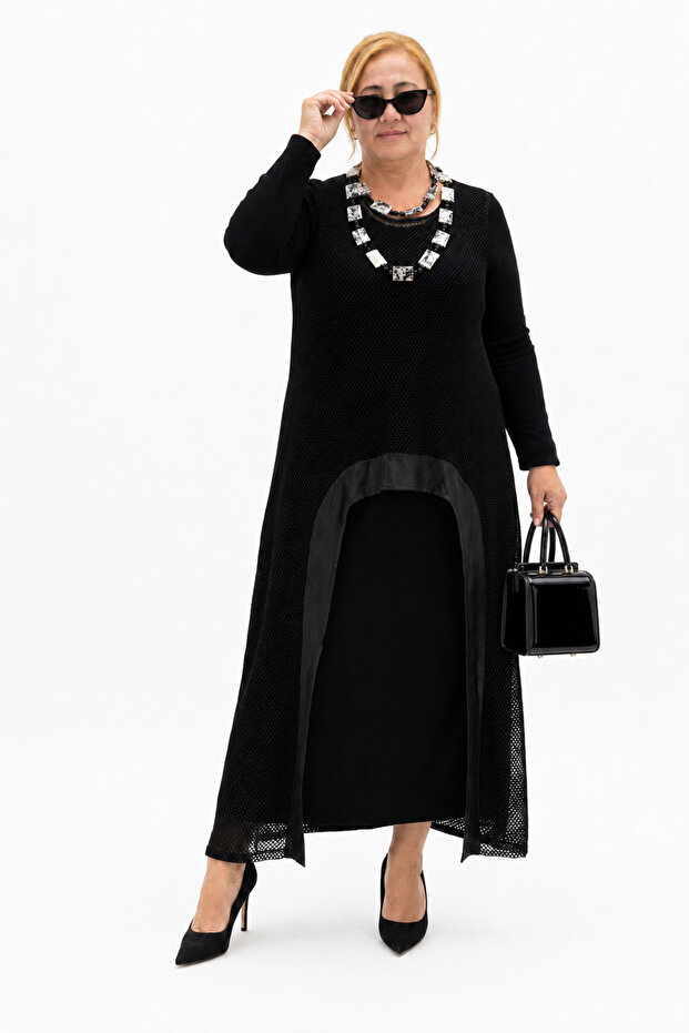 Plus Size Mesh Detailed Asymmetrical Cut Double Women's Dress with Accessory Necklace