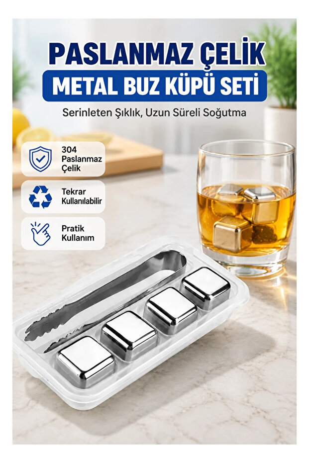 304 Stainless Steel Metal Ice Cubes and Ice Clip Set