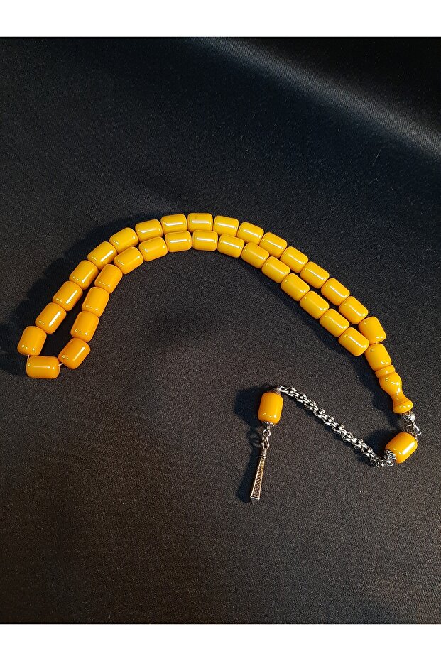 Yellow Color Stick Cut and Crimped Amber 33-Piece Prayer Beads