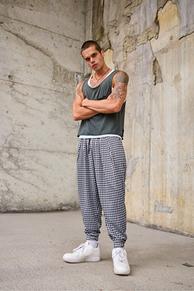 Men's Pleated Elastic Cuffed Patterned Shalwar Trousers