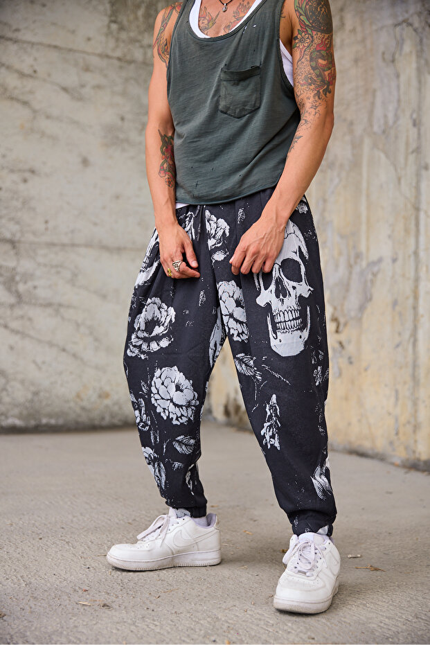 Men's Pleated Elastic Cuffed Patterned Shalwar Trousers