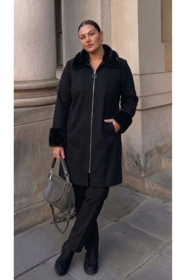 Fur-Collared Steel Knitted Women's Coat