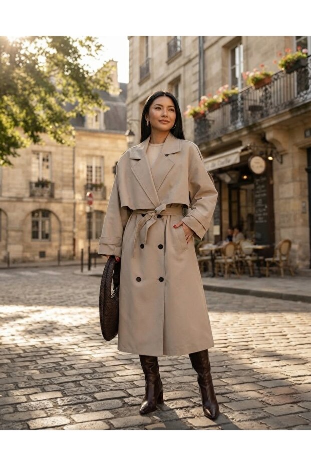 Beige Oversize Cut Double-Breasted Collar Belted Long Trench Coat (Wide Fit)