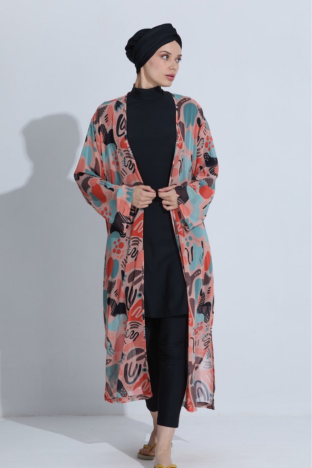 Women's Long Pareo Kimono Patterned Belted Beach Dress Swimsuit Top Hijab Pareo