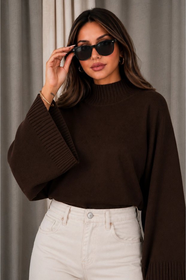 Women's Brown Cotton Spanish Bat Sleeve High Neck Knitwear Sweater