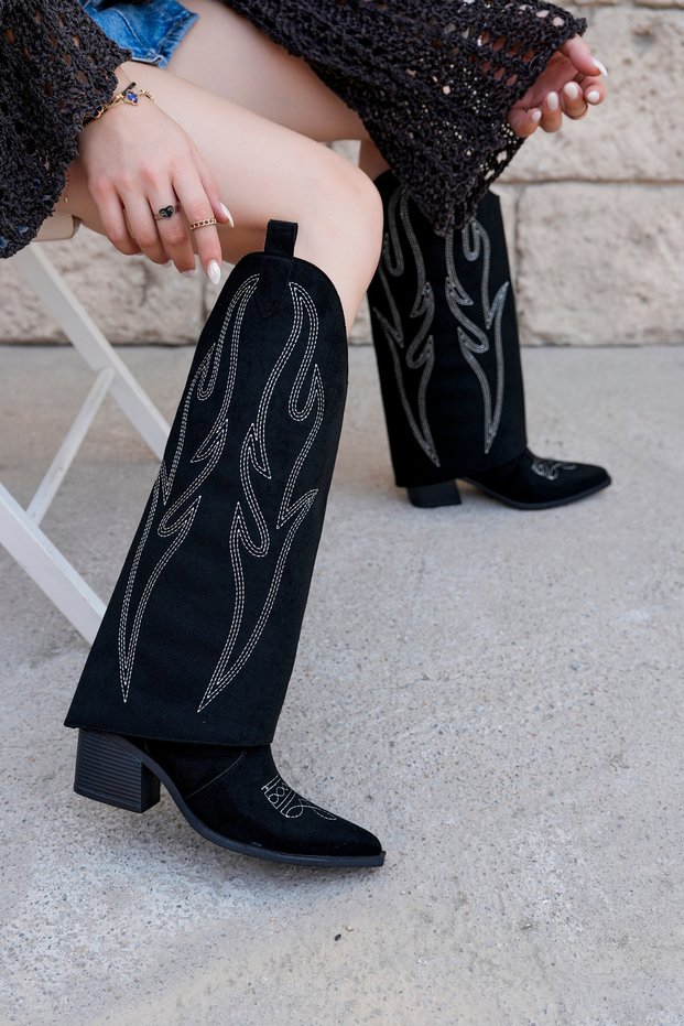 Sierra Women's Black Western Cowboy Heeled Suede Trousers Boots