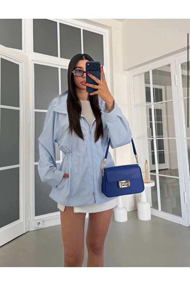 Striped Waist Drawstring Zippered Raincoat