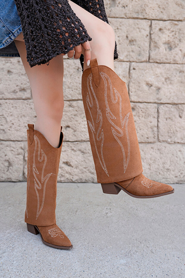 Sierra Women's Tan Western Cowboy Heeled Suede Trousers Boots