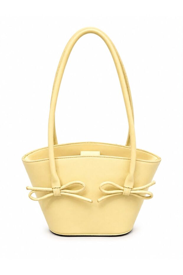 Women's New Model Shiny Leather Bow Detailed Inner Zipper Medium Size Stylish and Luxurious Shoulder Bag (Height 17 cm Width 27 cm)