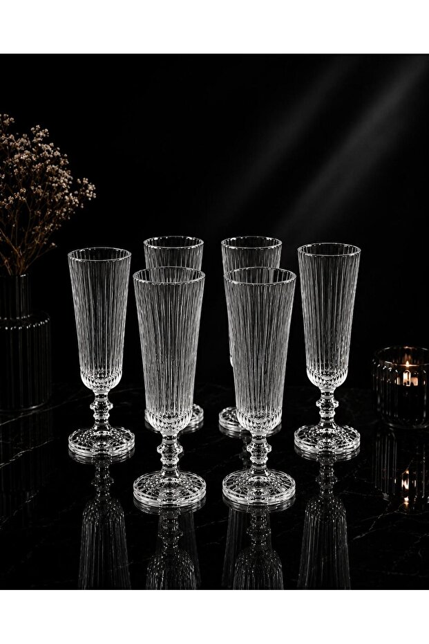 Set of 6 Crystal-Looking Water Glasses with Footed Design – Special Embossed Striped Design – Stylish and Elegant Tableware Presentation