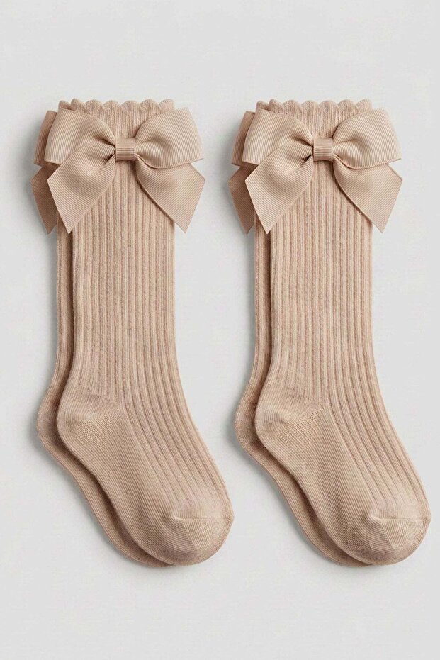 2 Pieces of Girls' Ribbed Knee-Length Socks with Bow