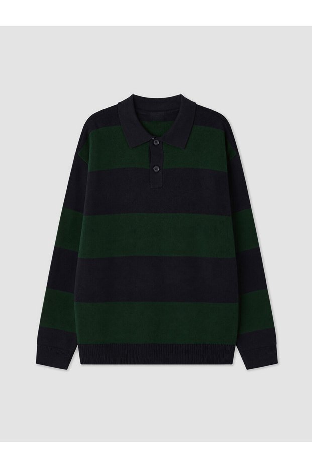 Ozmarka New Season Green Polo Collar Striped Boys' Knitwear Sweater