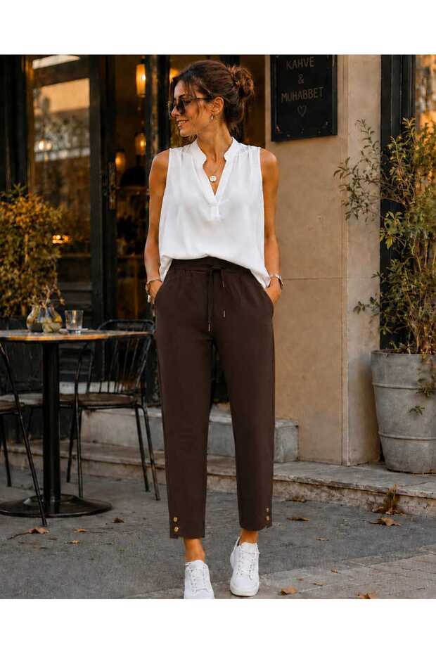 Women's High Waist Elastic Lace-Up Ankle-Length Trousers with Button Detail