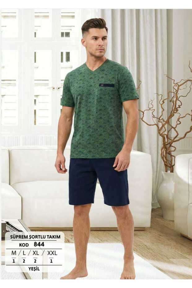 Men's Short Sleeved Top with Patterned Shorts Pajama Set 844