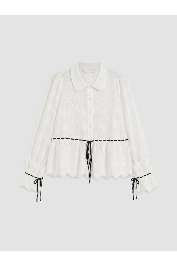 White Women's Shirt with Embroidered Tie Detail