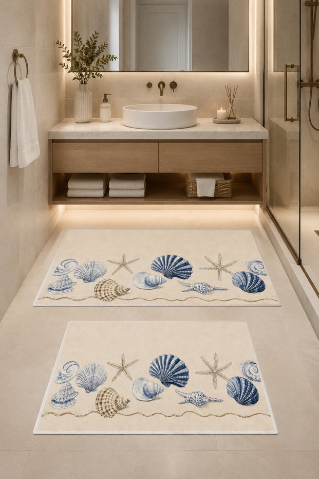 Beach Themed 2-Piece Bath Mat Set Non-Slip Base Digital Printing Washable (60X100-50X60)