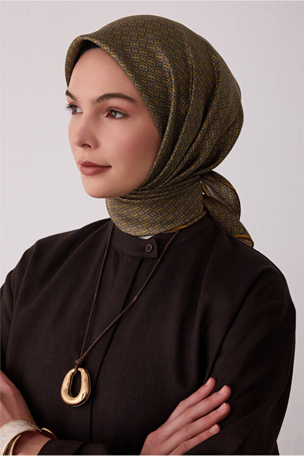 Tivil Silk Scarf Green Mustard Yellow 4418 52 Monogram Pattern
