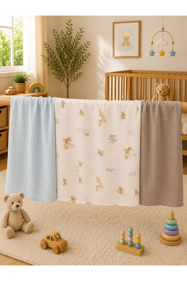 Multi-Purpose Muslin Blanket Set of 3, Muslin Newborn Baby Blanket, 100% Organic Cotton Muslin Cloth - 80X80 cm