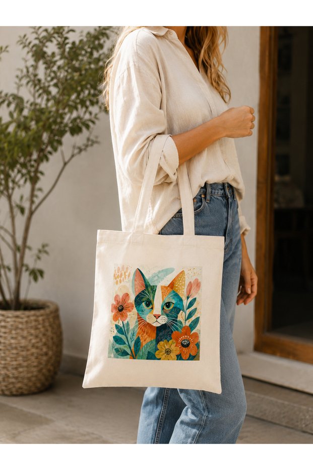 Floral Cat Bag Series, Raw Cloth Bag, Sublimation Printing, Shoulder Bag, Shopping Bag