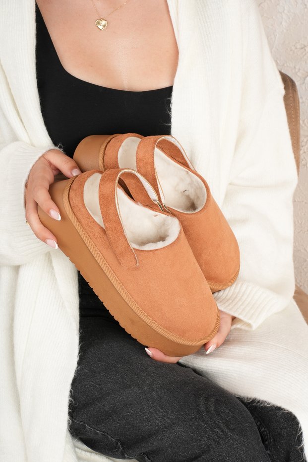 Miram Design Fur Slippers with Velcro Detail