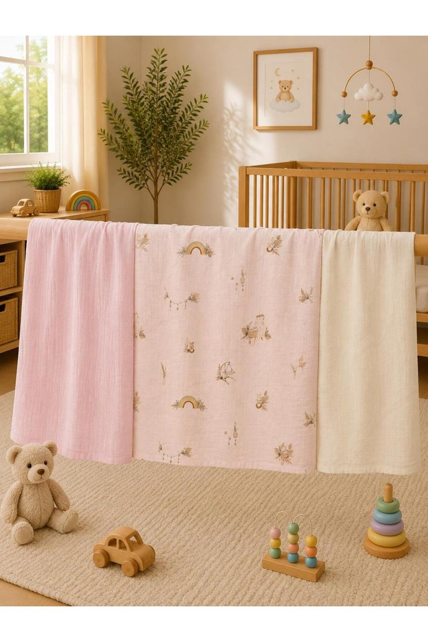 Multi-Purpose Muslin Blanket Set of 3, Muslin Newborn Baby Blanket, 100% Organic Cotton Muslin Cloth - 80X80 cm