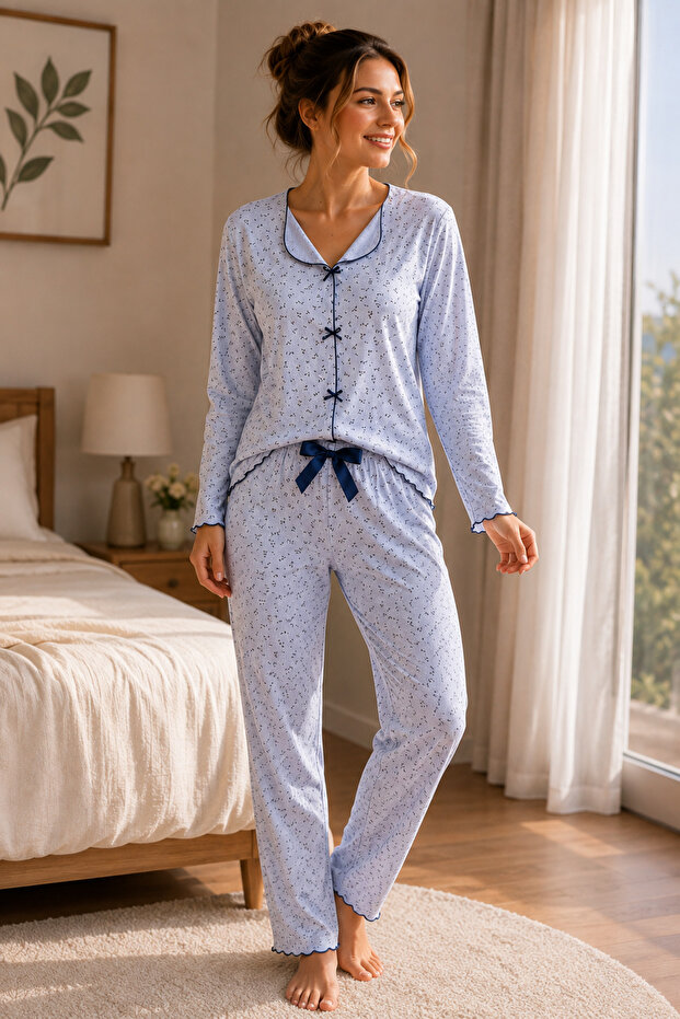 Women's Blue Patterned Long Sleeve Pajama Set – Comfortable Top and Bottom Loungewear with Bow Detail
