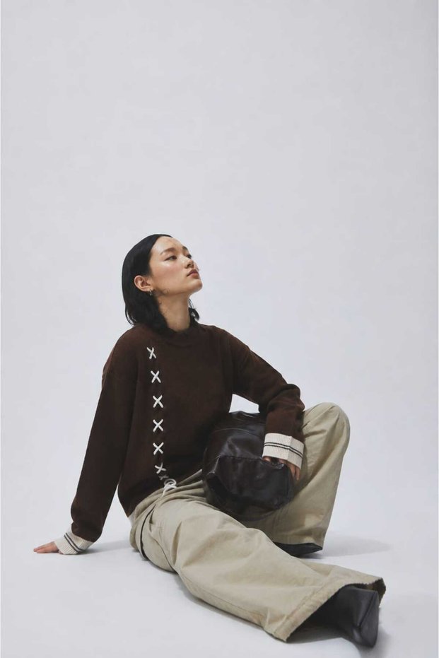 Women's Oversize Knitwear Sweater with Side Tie Detail and Crew Neck
