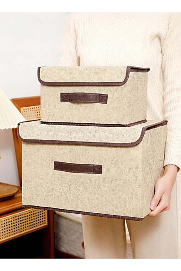 2pcs Beige Linen Foldable Storage Bins with Lids Kit, Large Collapsible Fabric Strorage Box, Stackable Storage Containers Closet Organizers for Home Office Storage