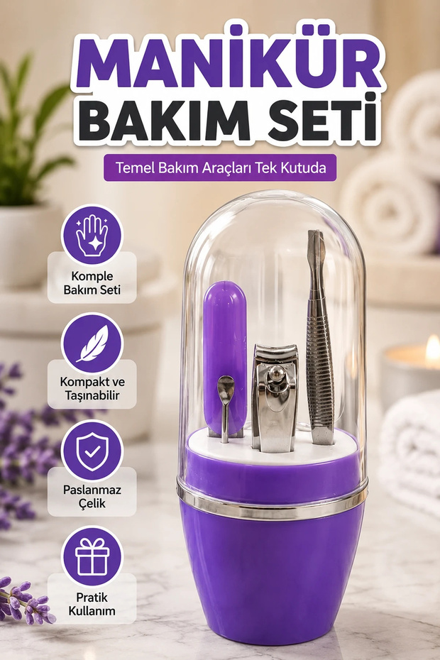Purple Manicure and Personal Care Set – Compact Carrying Box with Transparent Lid