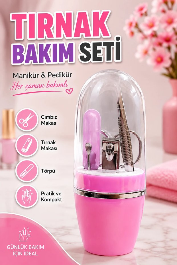 Pink Manicure and Nail Care Set – Tweezers, Scissors, Nail Clippers, and File