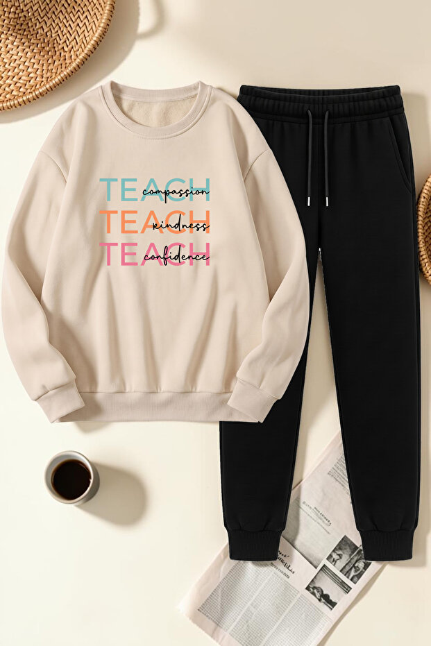 Unisex Teach Design Printed Crew Neck Sweatshirt - 2-Piece Tracksuit Set
