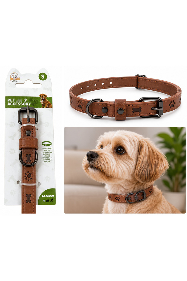 Pet Adjustable Brown Dog Collar Size S 1.5 X 35 cm Paw and Bone Pattern