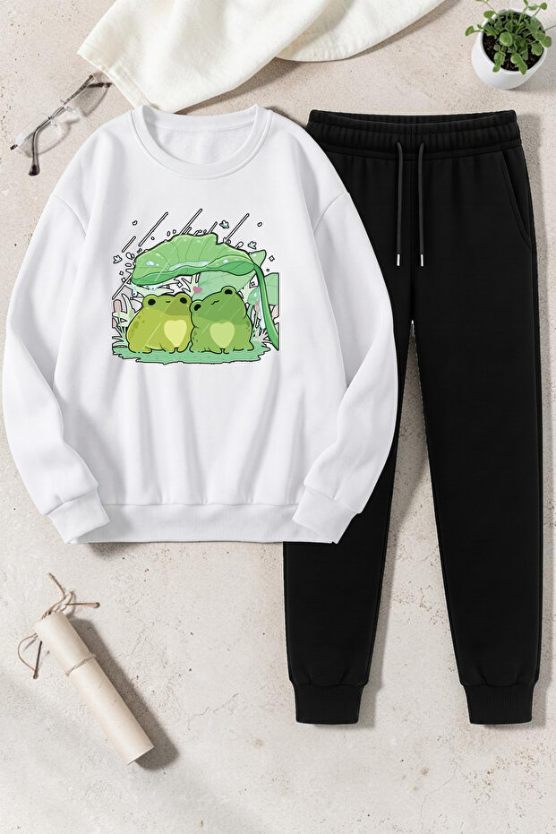 Unisex Cute Frogs Design Printed Crew Neck Sweatshirt - 2-Piece Tracksuit Set