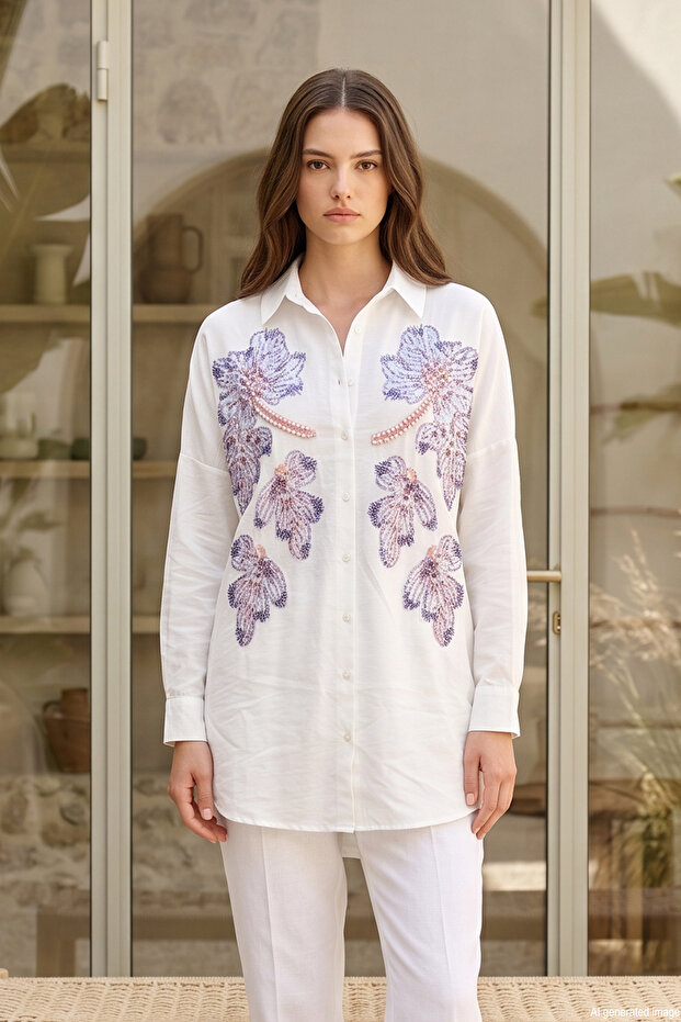 Oversize Embroidery and Bead Detail Shirt 17592 White01