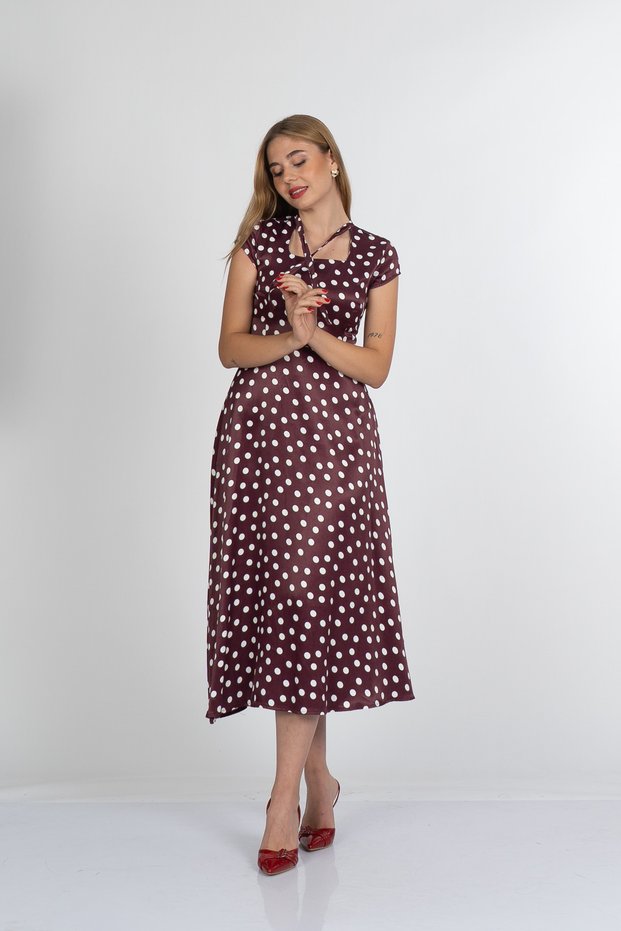 Women's Summer Burgundy Carla Bow Collar Detailed Maxi Dress 50402