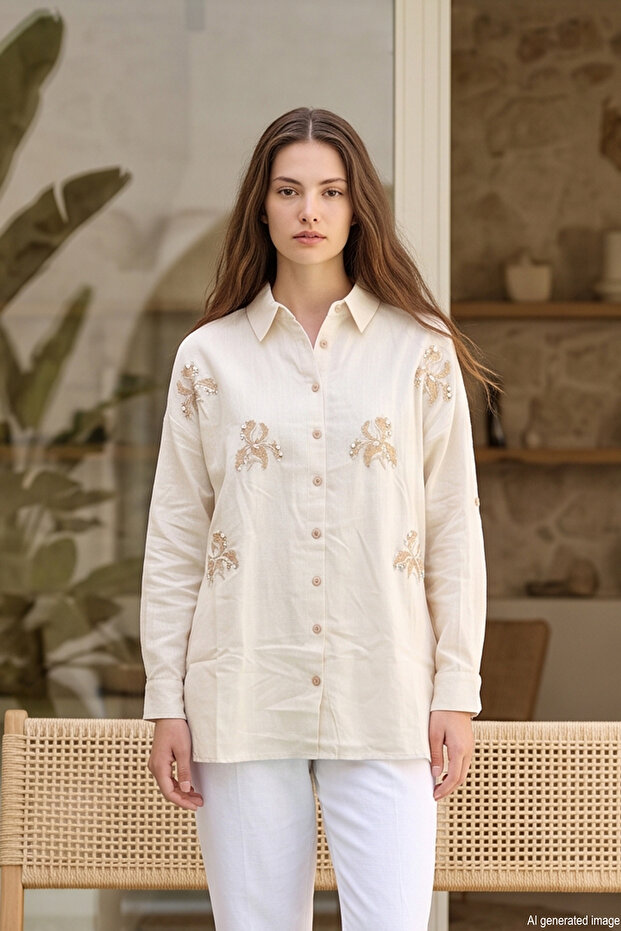 Stone Detailed Floral Patterned Shirt 17036 Beige05