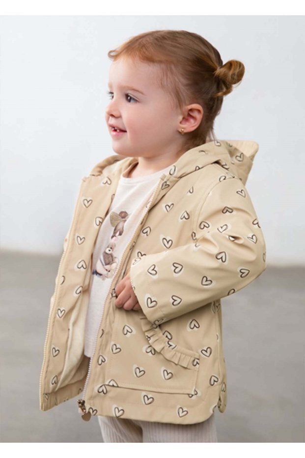 Winter Season Baby Girl Heart Printed Raincoat - Cream