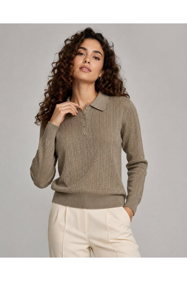 Polo Neck Buttoned Openwork Knit Patterned Long Sleeve Slim Knitwear Sweater Aw26Kz00017