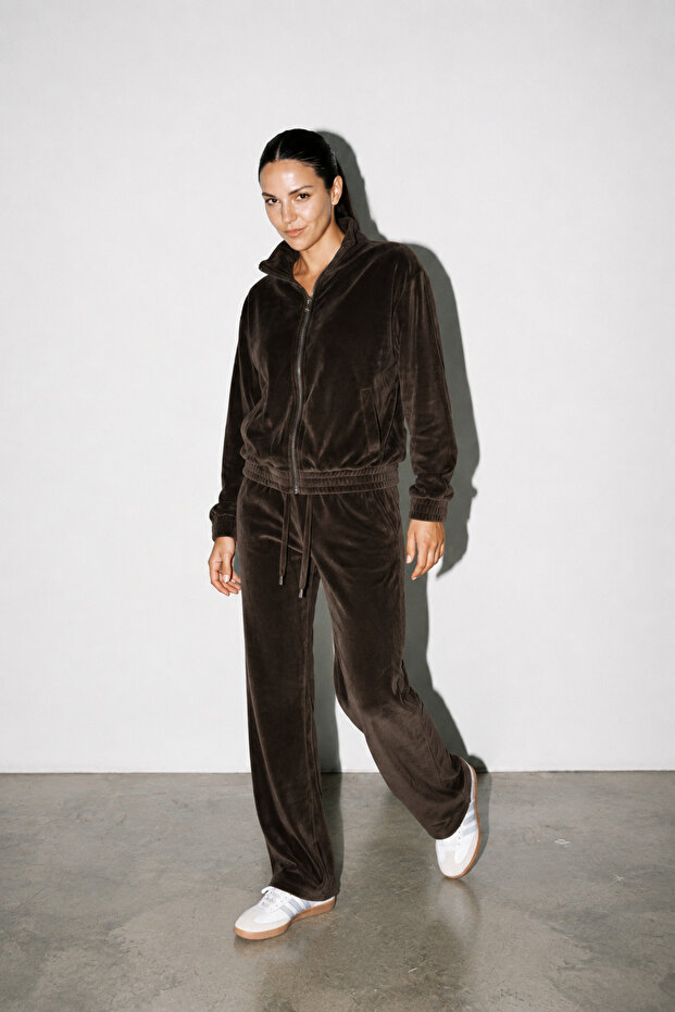 Velvet Zippered Oversize Tracksuit Top and Bottom Set