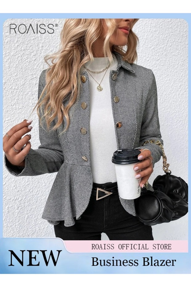 Women Stylish Double-breasted Blazer, Long Sleeve Slim Fit Suit Jacket for Ladies, Classic Striped S