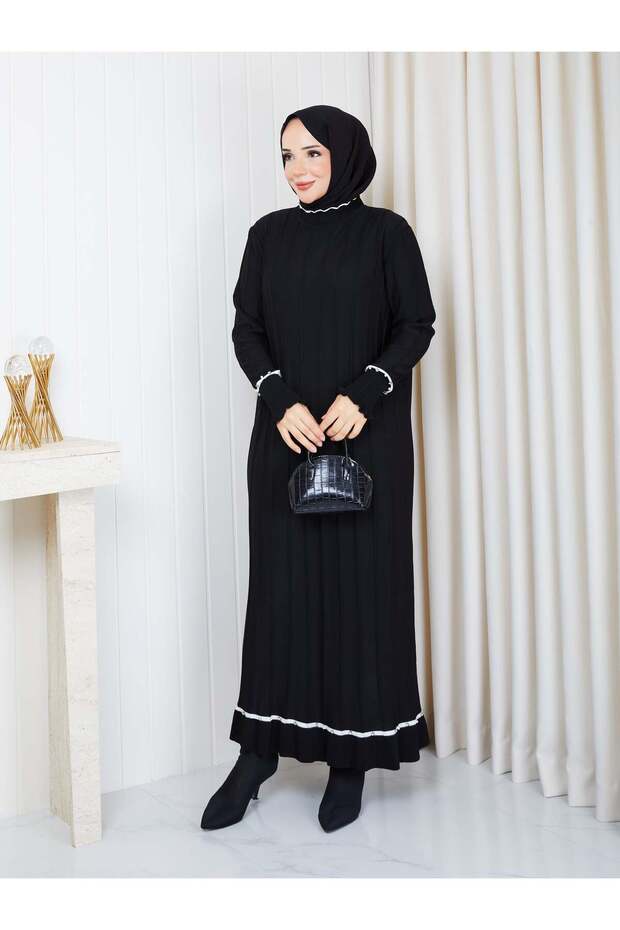 White Stripe Stone Detailed Knitwear Dress Black