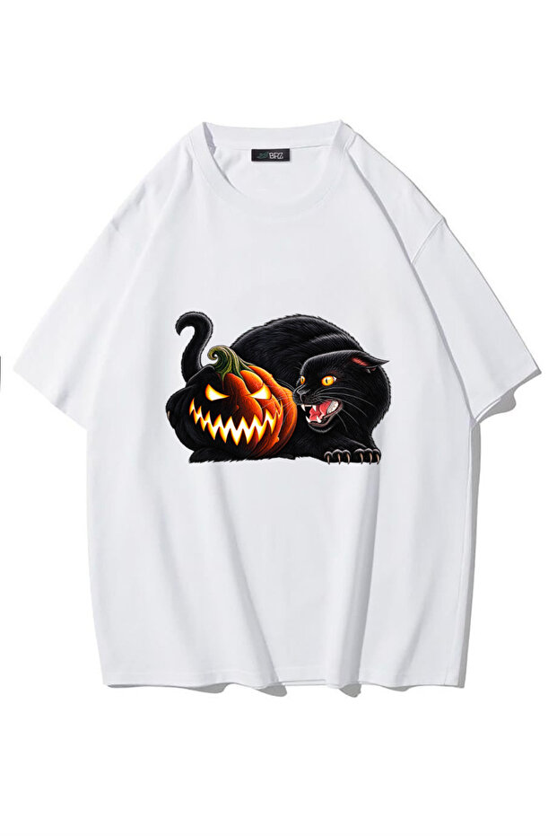 Unisex Oversize Halloween Pumpkin Black Cat T-Shirt White