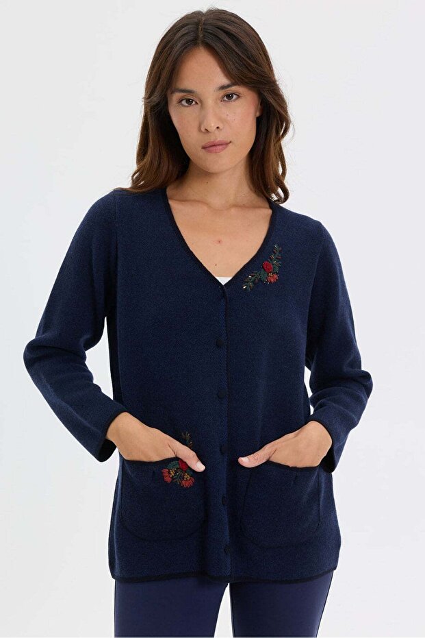 Women's V-Neck Knitted Rose Embroidered Short Wool Cardigan Dark Blue